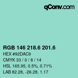カラーコード: RGB 146 218.6 201.6 | qconv.com