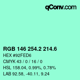 カラーコード: RGB 146 254.2 214.6 | qconv.com