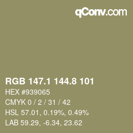 Color code: RGB 147.1 144.8 101 | qconv.com
