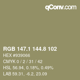 Color code: RGB 147.1 144.8 102 | qconv.com