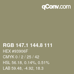 Color code: RGB 147.1 144.8 111 | qconv.com