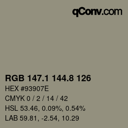 Color code: RGB 147.1 144.8 126 | qconv.com