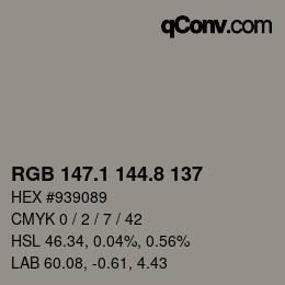 カラーコード: RGB 147.1 144.8 137 | qconv.com