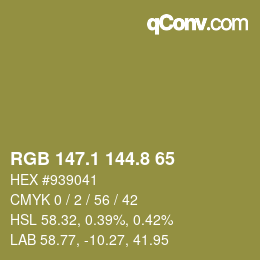 Color code: RGB 147.1 144.8 65 | qconv.com