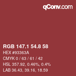 カラーコード: RGB 147.1 54.8 58 | qconv.com