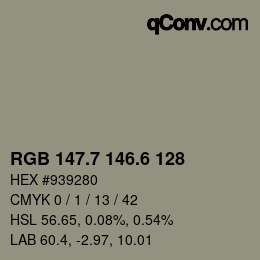 カラーコード: RGB 147.7 146.6 128 | qconv.com