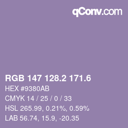 カラーコード: RGB 147 128.2 171.6 | qconv.com