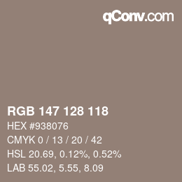 Color code: RGB 147 128 118 | qconv.com