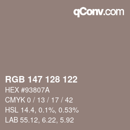 Color code: RGB 147 128 122 | qconv.com