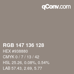 Color code: RGB 147 136 128 | qconv.com