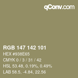 Color code: RGB 147 142 101 | qconv.com