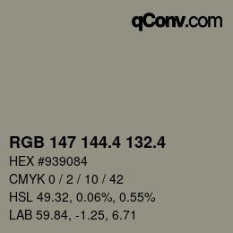 カラーコード: RGB 147 144.4 132.4 | qconv.com