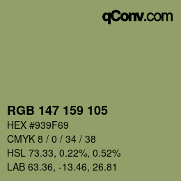 Color code: RGB 147 159 105 | qconv.com