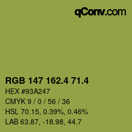 カラーコード: RGB 147 162.4 71.4 | qconv.com