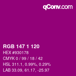 カラーコード: RGB 147 1 120 | qconv.com