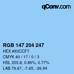 Color code: RGB 147 204 247 | qconv.com