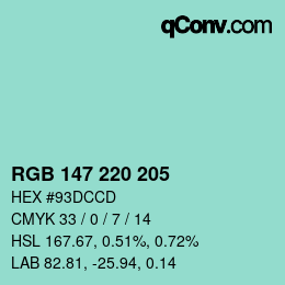 カラーコード: RGB 147 220 205 | qconv.com