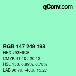 Color code: RGB 147 249 198 | qconv.com