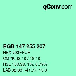 Color code: RGB 147 255 207 | qconv.com
