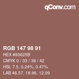 Color code: RGB 147 98 91 | qconv.com