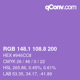 カラーコード: RGB 148.1 108.8 200 | qconv.com