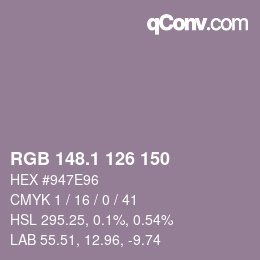 カラーコード: RGB 148.1 126 150 | qconv.com