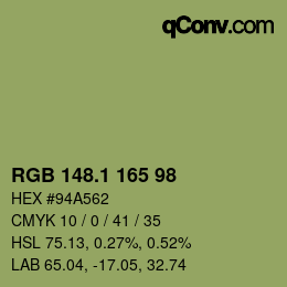 カラーコード: RGB 148.1 165 98 | qconv.com