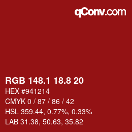 カラーコード: RGB 148.1 18.8 20 | qconv.com