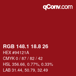 カラーコード: RGB 148.1 18.8 26 | qconv.com