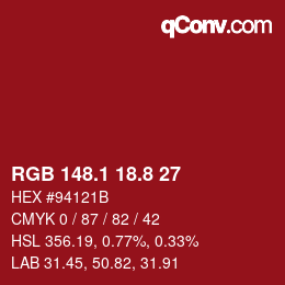 カラーコード: RGB 148.1 18.8 27 | qconv.com