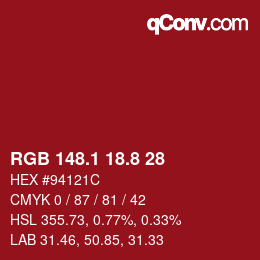 カラーコード: RGB 148.1 18.8 28 | qconv.com