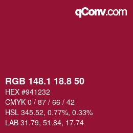 カラーコード: RGB 148.1 18.8 50 | qconv.com