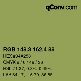 カラーコード: RGB 148.3 162.4 88 | qconv.com