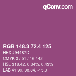 カラーコード: RGB 148.3 72.4 125 | qconv.com