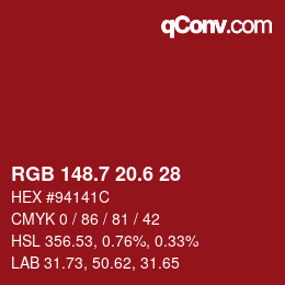 カラーコード: RGB 148.7 20.6 28 | qconv.com