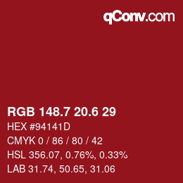 カラーコード: RGB 148.7 20.6 29 | qconv.com