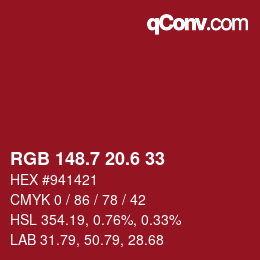 カラーコード: RGB 148.7 20.6 33 | qconv.com