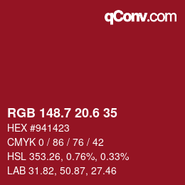 カラーコード: RGB 148.7 20.6 35 | qconv.com
