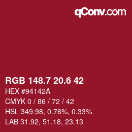 カラーコード: RGB 148.7 20.6 42 | qconv.com