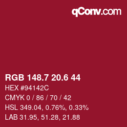 カラーコード: RGB 148.7 20.6 44 | qconv.com
