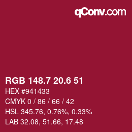 カラーコード: RGB 148.7 20.6 51 | qconv.com