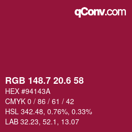 カラーコード: RGB 148.7 20.6 58 | qconv.com
