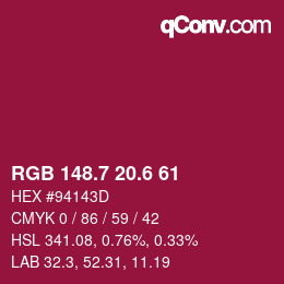 カラーコード: RGB 148.7 20.6 61 | qconv.com