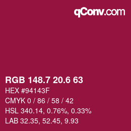 カラーコード: RGB 148.7 20.6 63 | qconv.com
