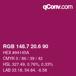 カラーコード: RGB 148.7 20.6 90 | qconv.com