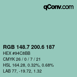 カラーコード: RGB 148.7 200.6 187 | qconv.com