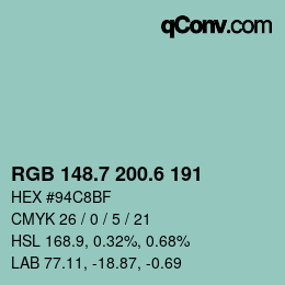 カラーコード: RGB 148.7 200.6 191 | qconv.com