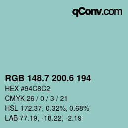 カラーコード: RGB 148.7 200.6 194 | qconv.com