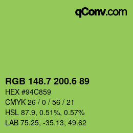 カラーコード: RGB 148.7 200.6 89 | qconv.com