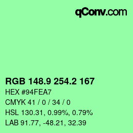 カラーコード: RGB 148.9 254.2 167 | qconv.com